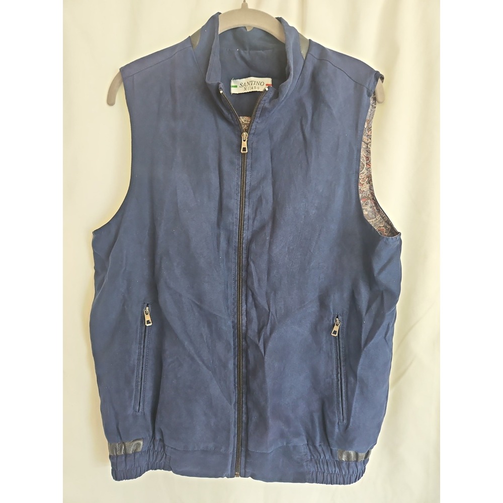 Santino Milano Vest Mens 48 Blue Excellent Paisley Lined Faux Leather Trim Zip